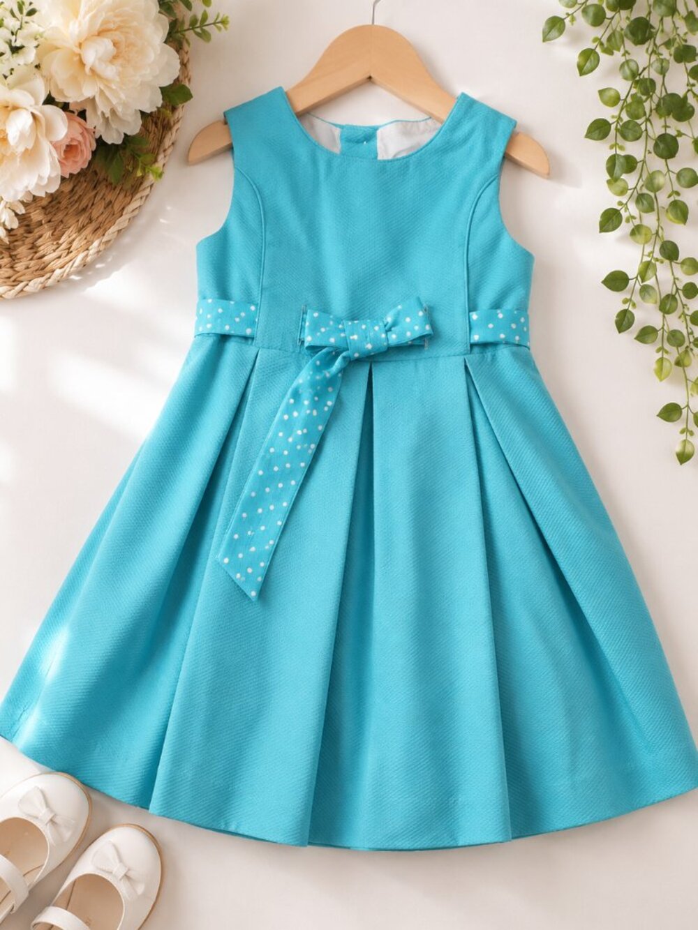 Neck & Neck Girls Aqua Blue Textured Party Dress Size 6-7Y Bow Sash Easter